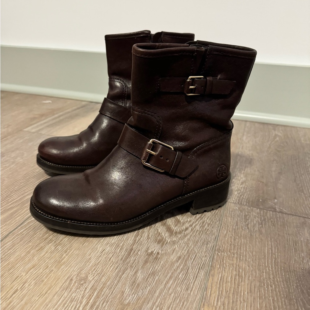 Tory Burch Brown Leather Moto Ankle Boots